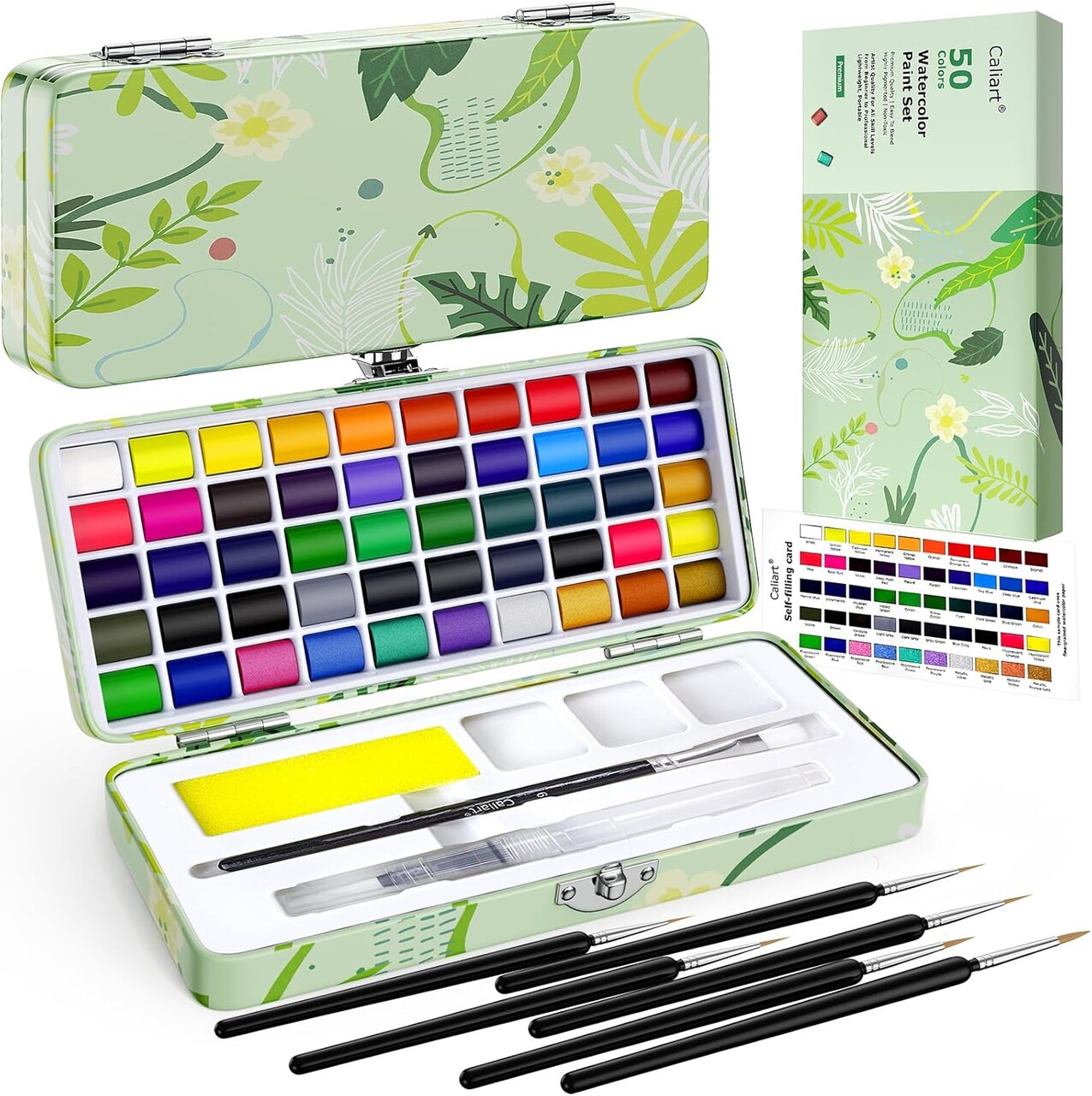 50 Colors Washable Watercolor Paint Set with 6 Brushes, Portable Travel Water Color Kit with Carrying Case, Palette and Accessories, Non-Toxic Art Supplies Gift for Artists Adult Teen Kids Girls Boys